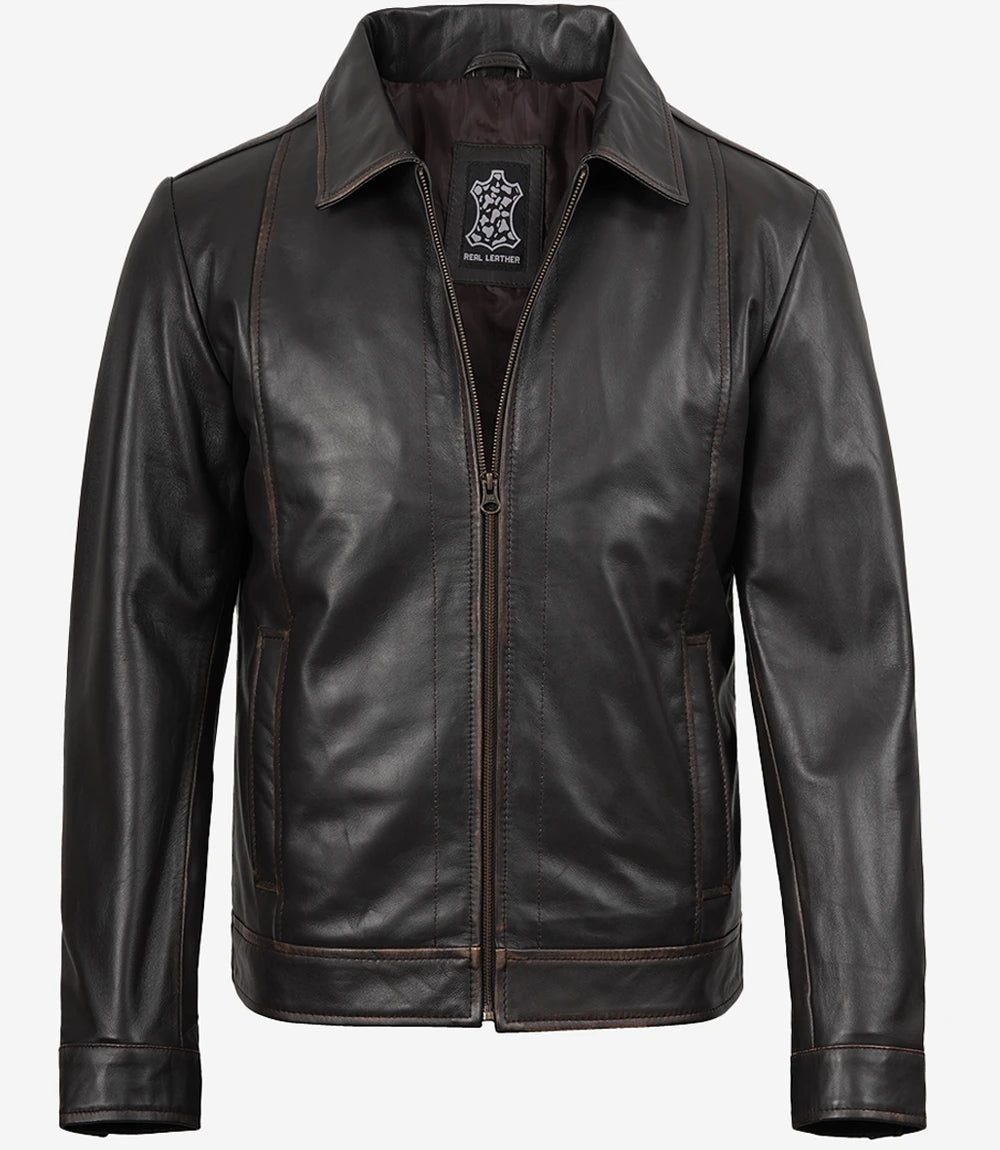Mens Shirt Collar Vintage Brown Leather Jacket