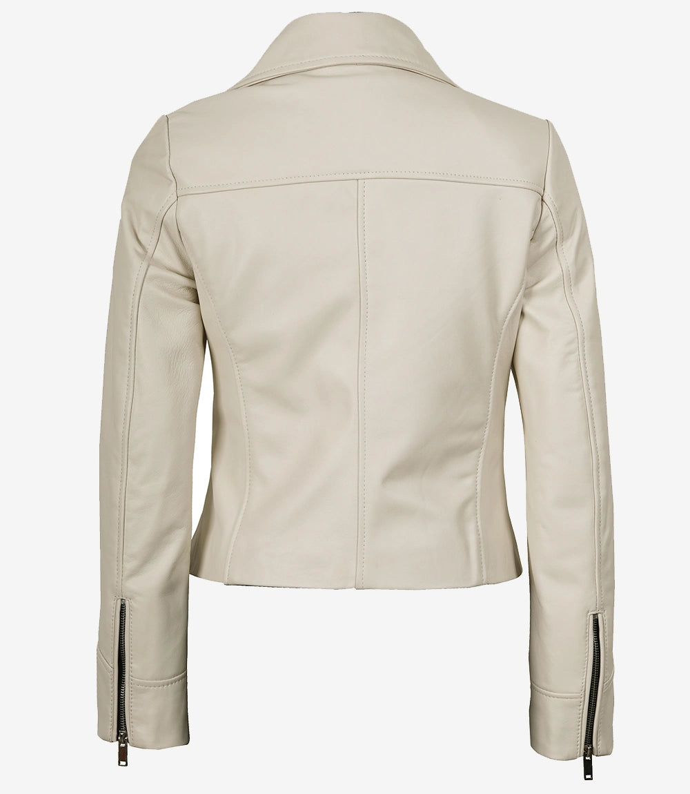 Damenjacke aus echtem Lammleder im Biker-Stil, cremefarben