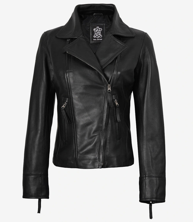 Ramsey Damen Asymmetrische schwarze Lederjacke im Biker-Stil