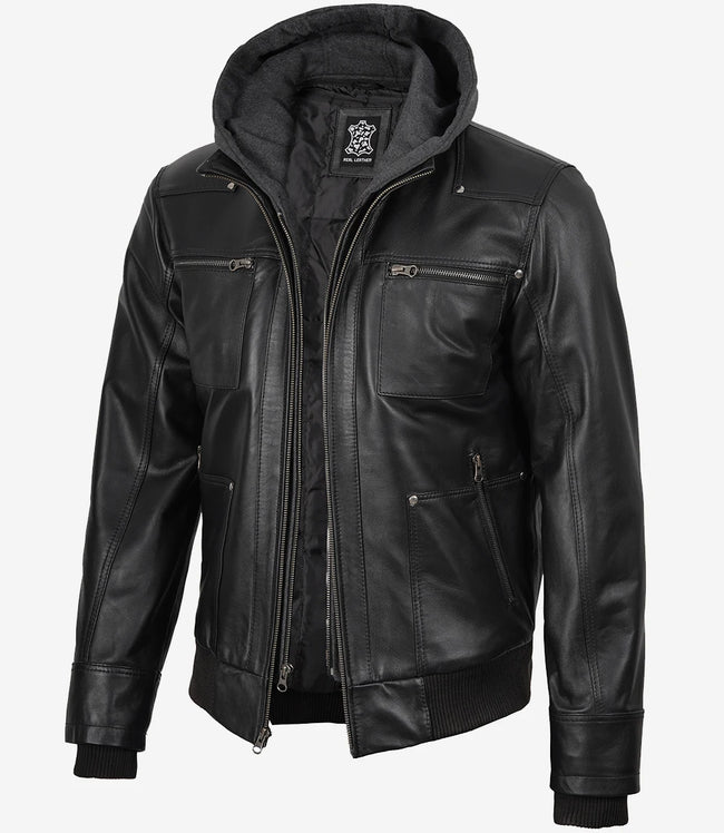 Schwarze Bomberjacke aus Leder für Herren mit abnehmbarer Kapuze