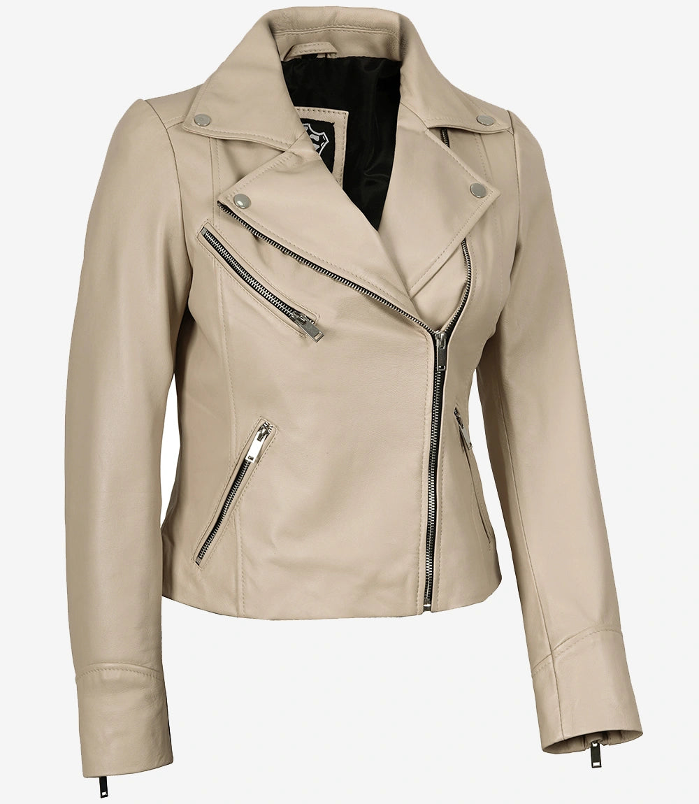 Beigefarbene Bikerjacke aus echtem Lammleder für Damen