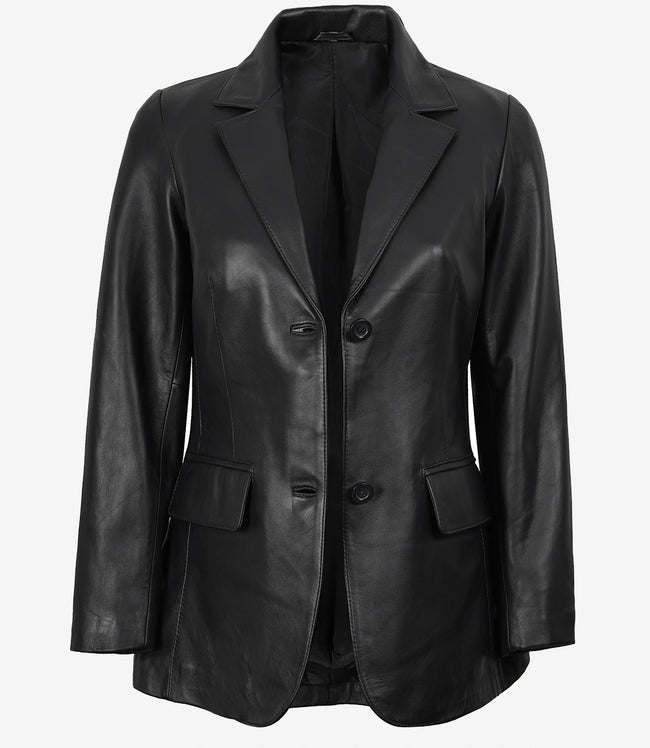 Shannon Damen-Blazer aus schwarzem Leder mit zwei Knöpfen