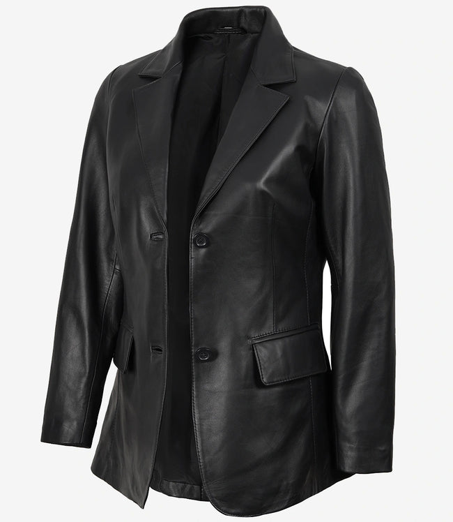 Shannon Damen-Blazer aus schwarzem Leder mit zwei Knöpfen
