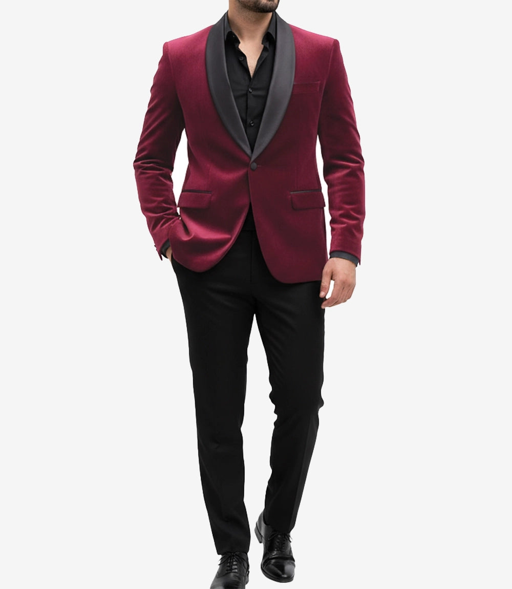 Men's Red Velvet Tuxedo Jacket — Black Shawl Lapel