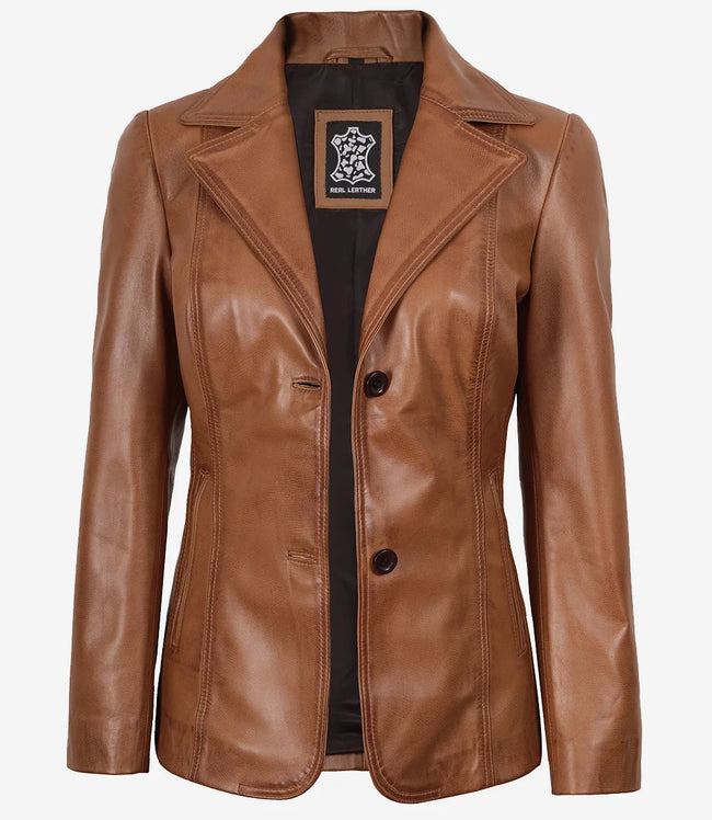 Damen-Lederblazer mit zwei Knöpfen und Revers in Hellbraun