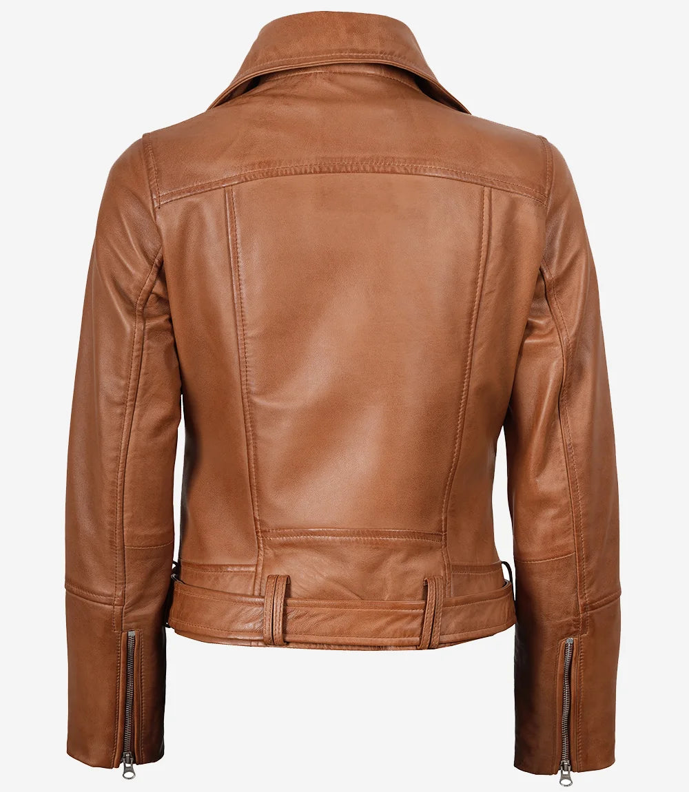 Asymmetrische Lederjacke mit Gürtel in Hellbraun für Damen