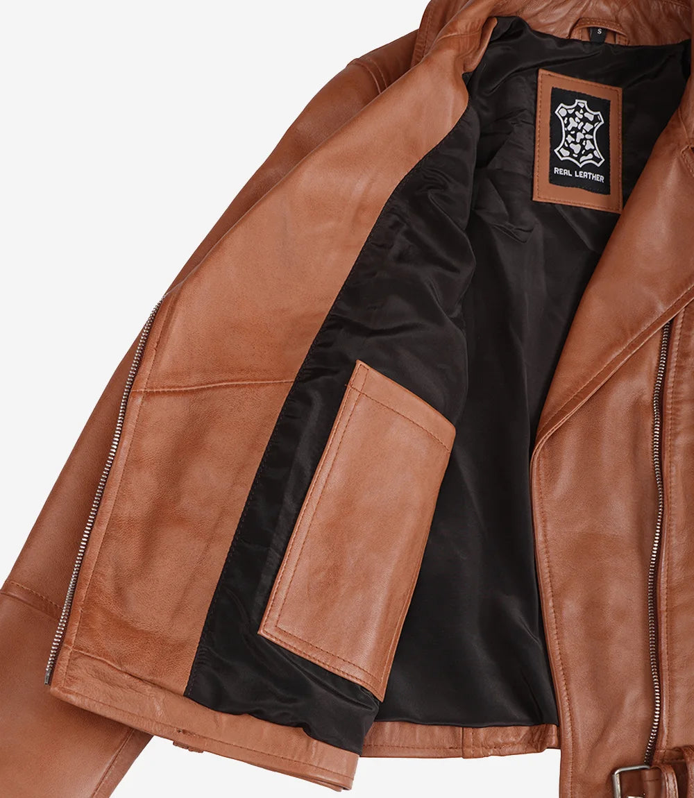 Asymmetrische Lederjacke mit Gürtel in Hellbraun für Damen