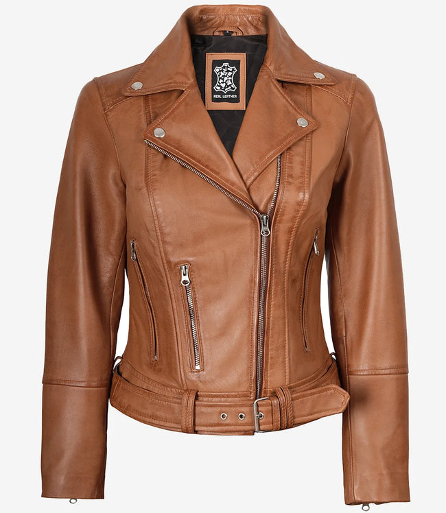 Asymmetrische Lederjacke mit Gürtel in Hellbraun für Damen