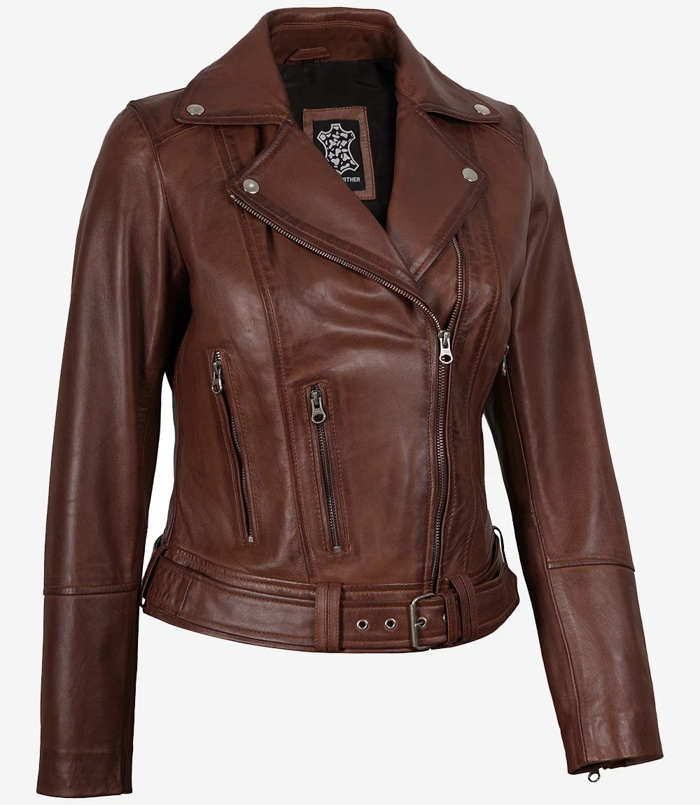 Asymmetrische Cognac-Lederjacke für Damen – Gürtel in der Taille