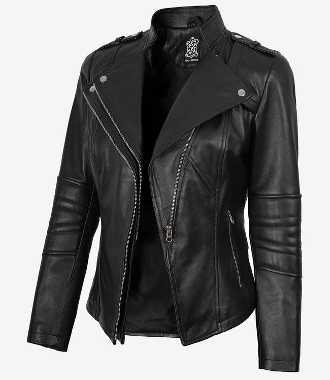 Schwarze Lammfelljacke im Bikerstil für Damen