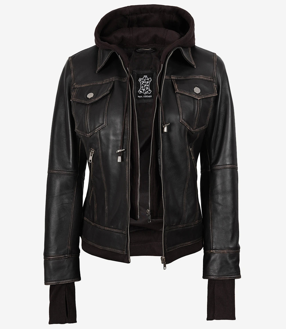 Damen-Bomberlederjacke im Used-Look in Braun mit abnehmbarer Kapuze