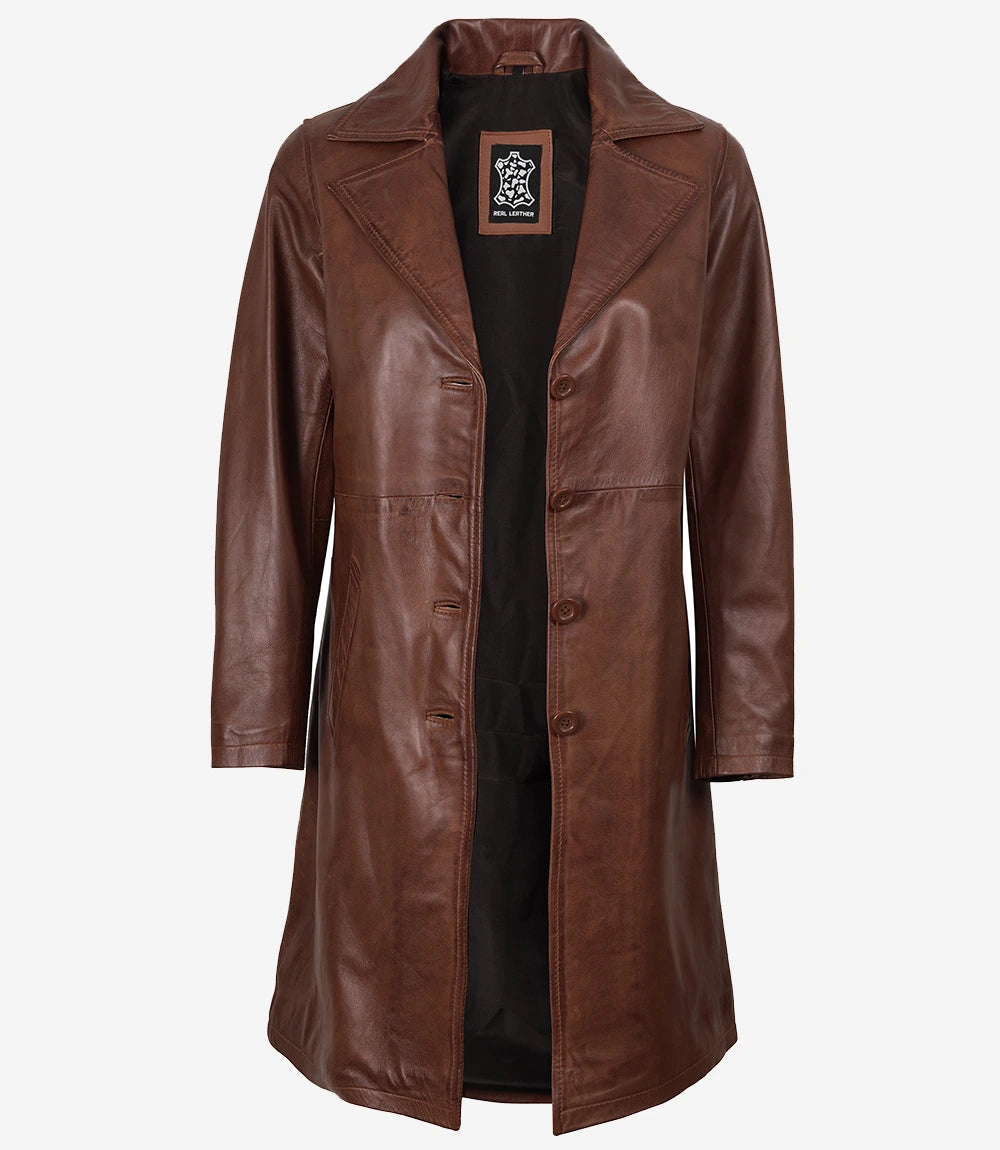Langer Cognac-Leder-Automantel für Damen