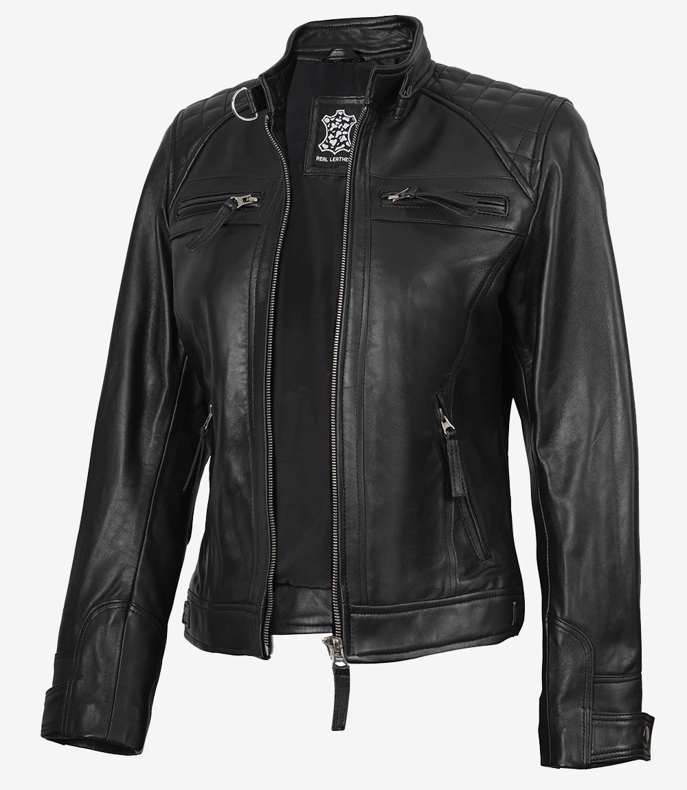 Schwarze gesteppte Lederjacke im Biker-Stil für Damen, Petite