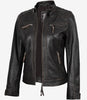 Gesteppte, abgenutzte Damenjacke aus echtem Lammleder in Braun im Biker-Stil
