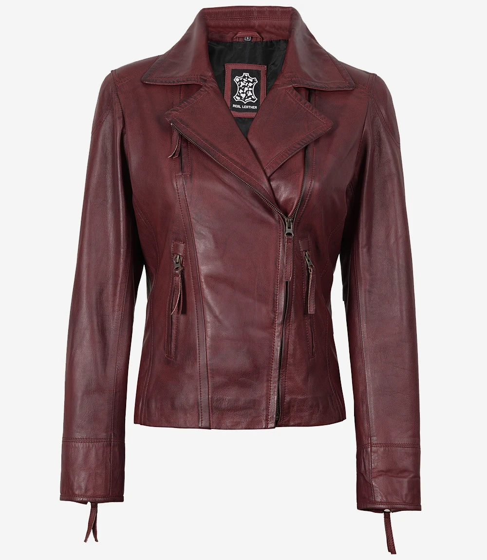 Burgunderrote Damenjacke im Biker-Stil aus echtem Lammleder