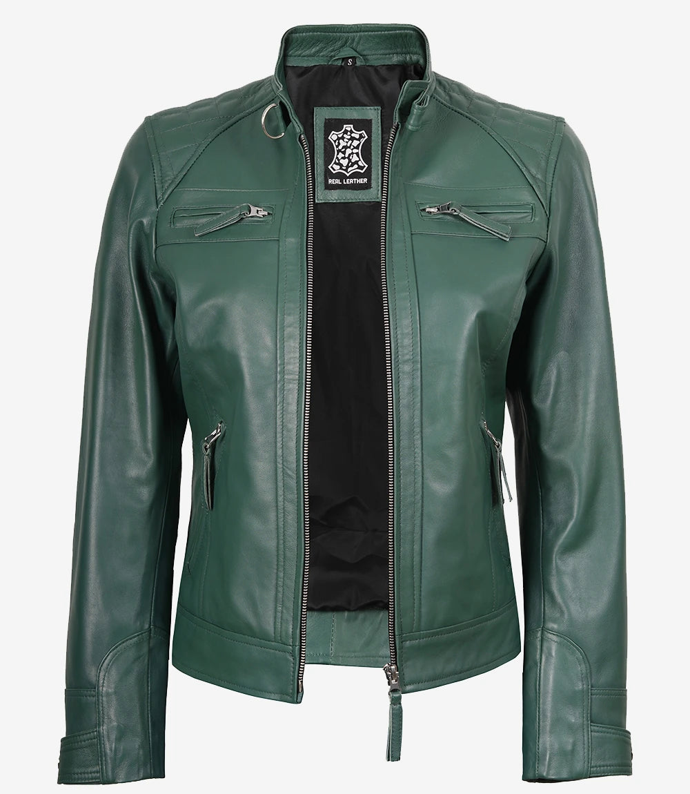 Grüne Jacke im Biker-Stil aus echtem Leder für Damen – gesteppte Schultern