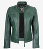 Grüne Jacke im Biker-Stil aus echtem Leder für Damen – gesteppte Schultern