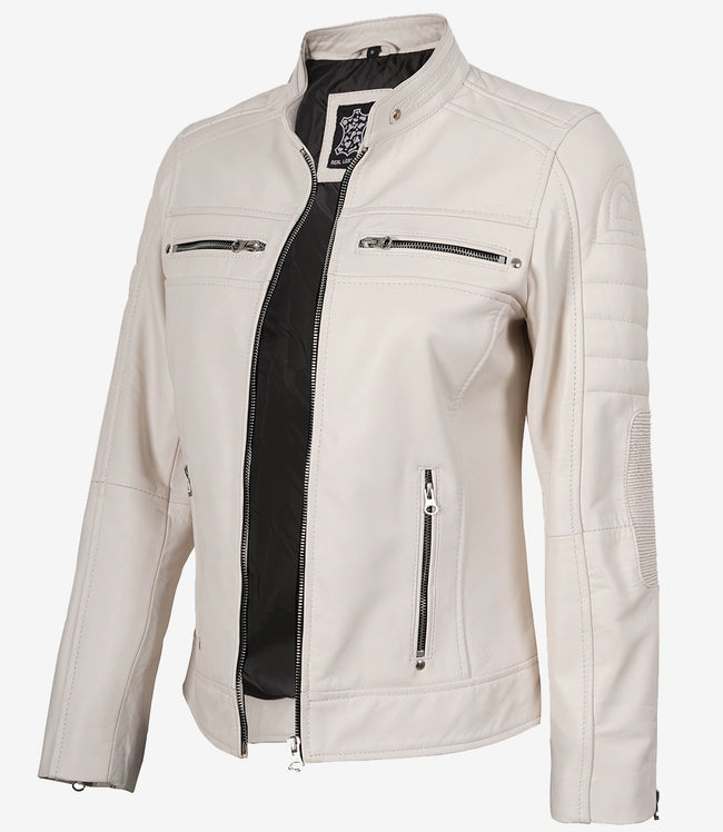 Damen Echtleder Off White Lederjacke im Biker-Stil