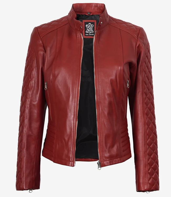 Damenjacke aus echtem Leder im roten, gesteppten Biker-Stil