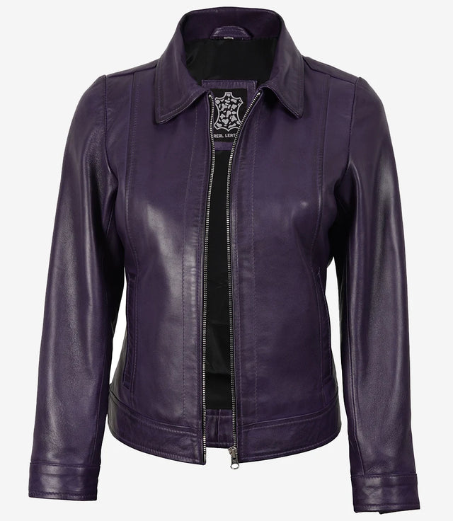 Lila Lederjacke mit Hemdkragen für Damen