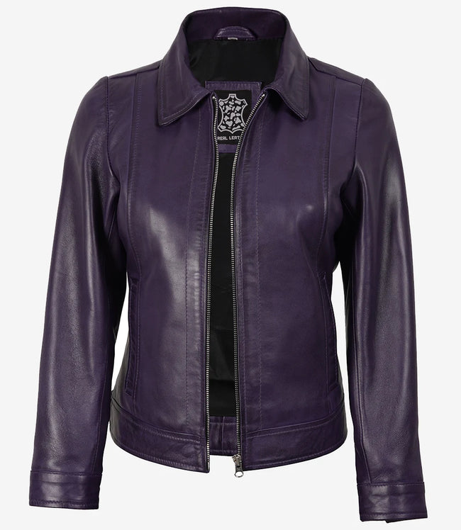 Lila Lederjacke mit Hemdkragen für Damen
