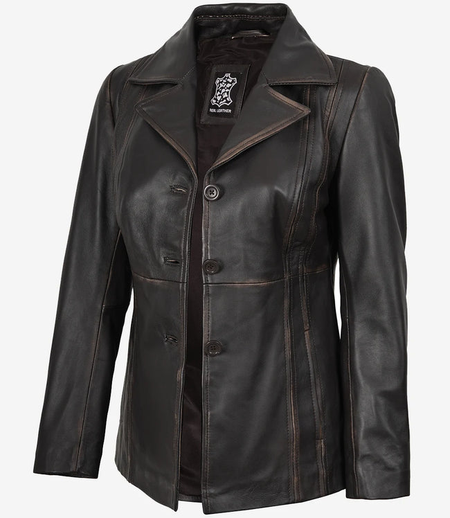 Damenblazer aus braunem Leder im Used-Look mit drei Knöpfen
