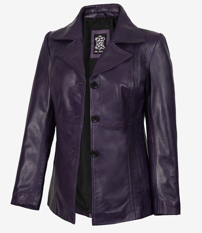 Lilafarbener Damen-Lederblazer mit drei Knöpfen