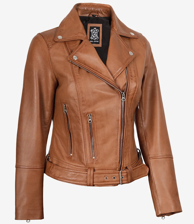Asymmetrische Lederjacke mit Gürtel in Hellbraun für Damen