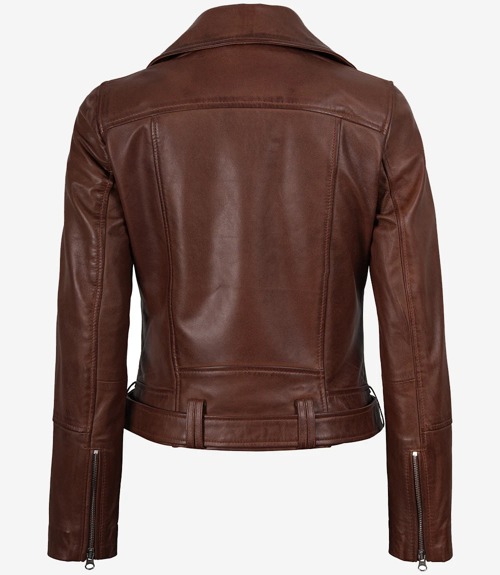 Asymmetrische Cognac-Lederjacke für Damen – Gürtel in der Taille