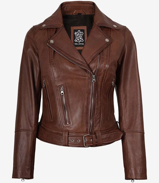 Asymmetrische Cognac-Lederjacke für Damen – Gürtel in der Taille