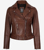 Asymmetrische Cognac-Lederjacke für Damen – Gürtel in der Taille