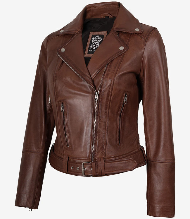 Asymmetrische Cognac-Lederjacke für Damen – Gürtel in der Taille