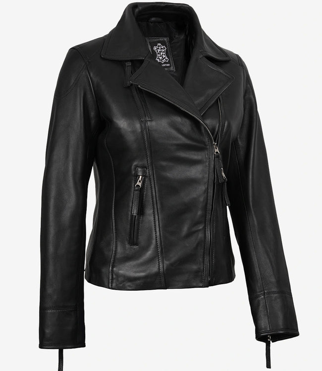 Ramsey Damen Asymmetrische schwarze Lederjacke im Biker-Stil
