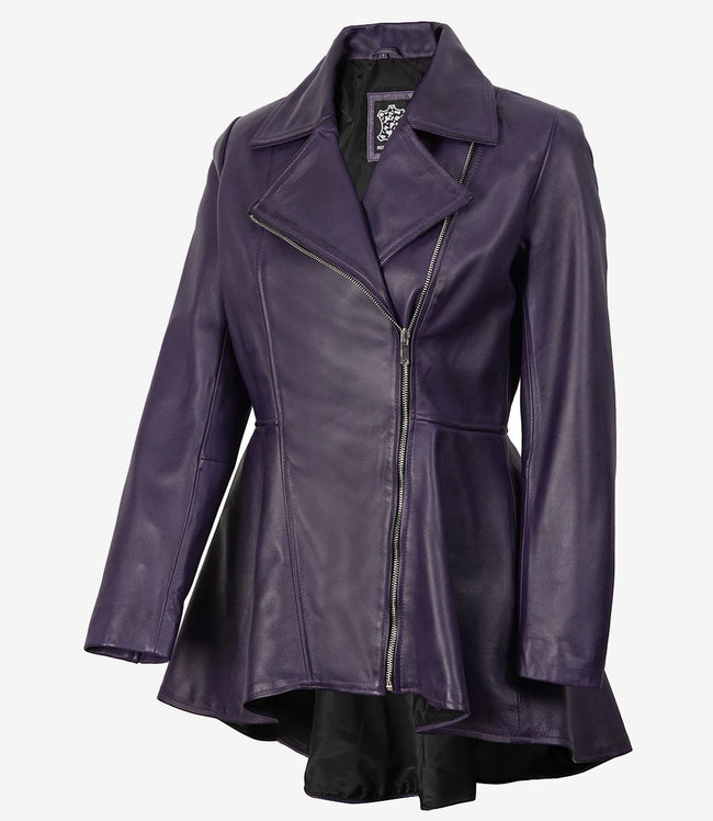 Asymmetrische lilafarbene Lederjacke mit Schößchen für Damen