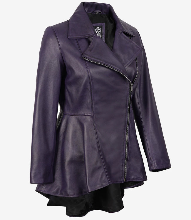 Asymmetrische lilafarbene Lederjacke mit Schößchen für Damen