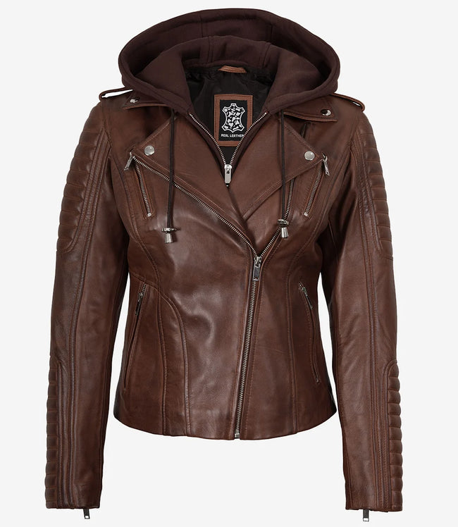 Cognacfarbene Lederjacke im Biker-Stil für Damen mit abnehmbarer Kapuze