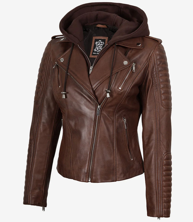 Cognacfarbene Lederjacke im Biker-Stil für Damen mit abnehmbarer Kapuze