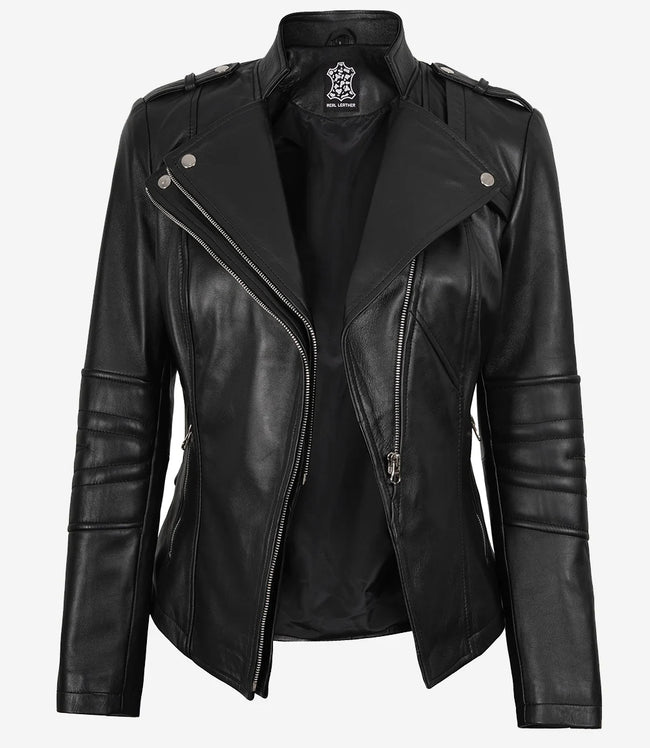 Schwarze Lammfelljacke im Bikerstil für Damen