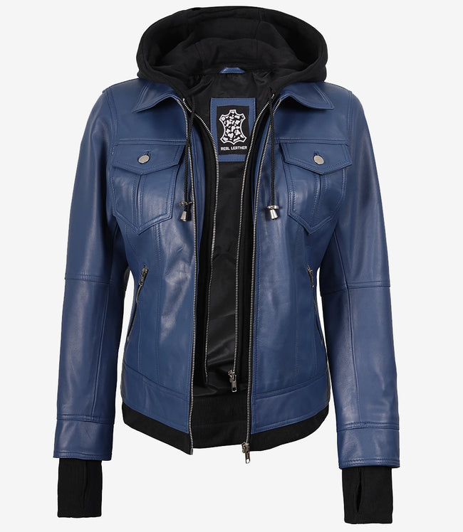 Blaue Bomberjacke aus Leder für Damen mit Kapuze