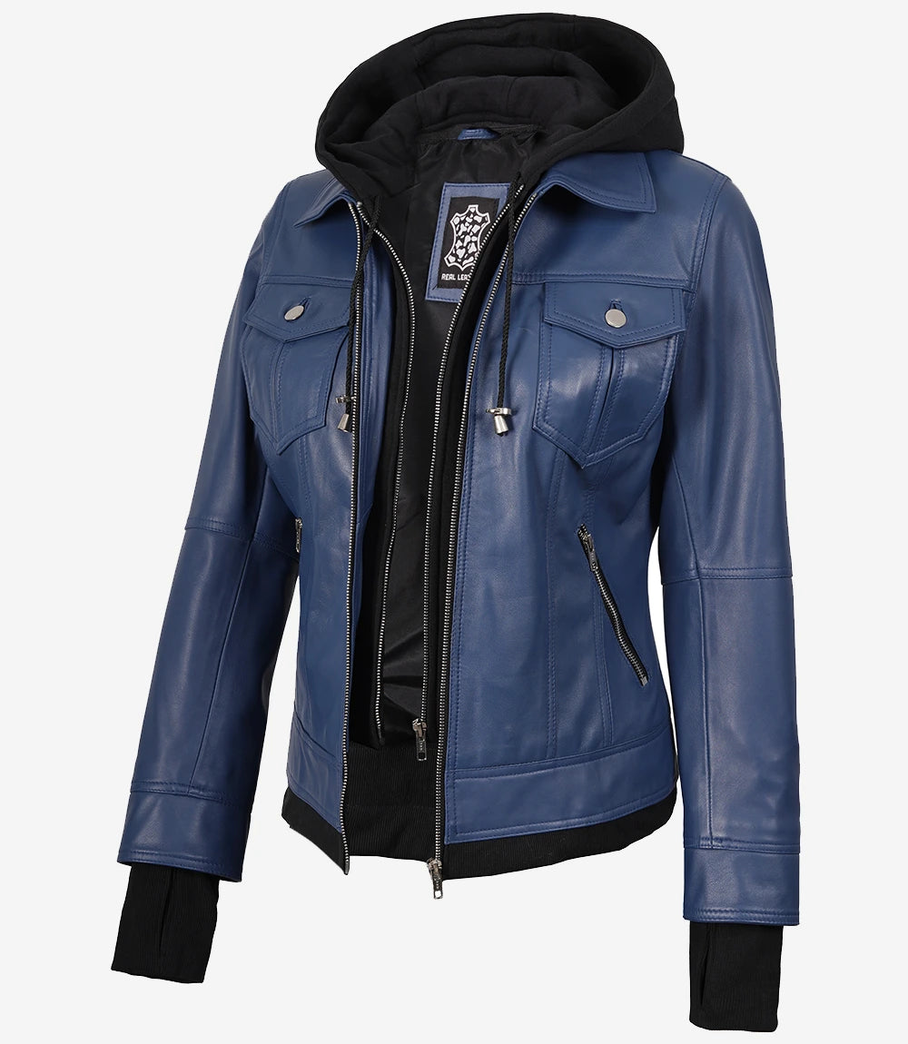 Blaue Bomberjacke aus Leder für Damen mit Kapuze