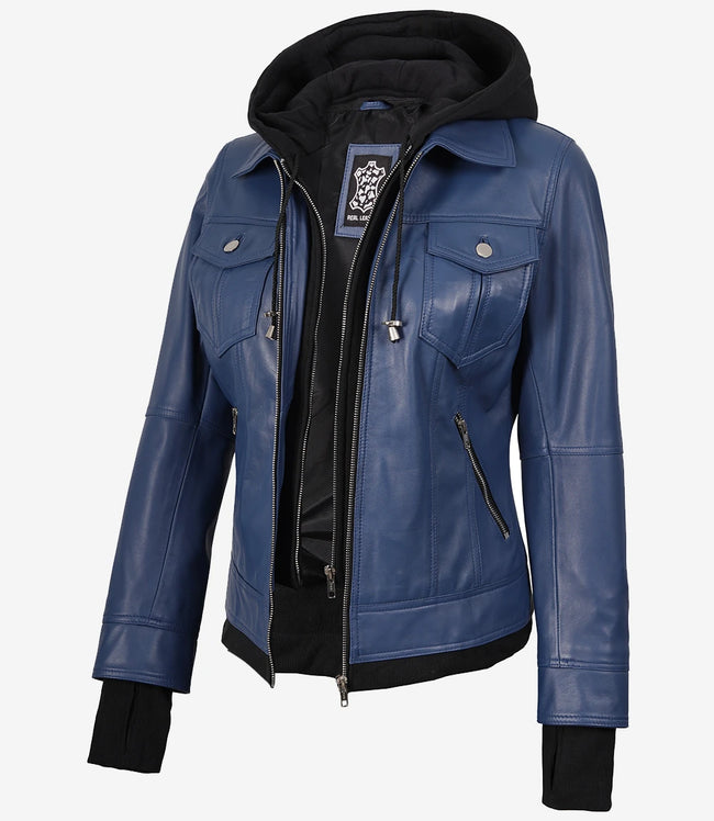 Blaue Bomberjacke aus Leder für Damen mit Kapuze