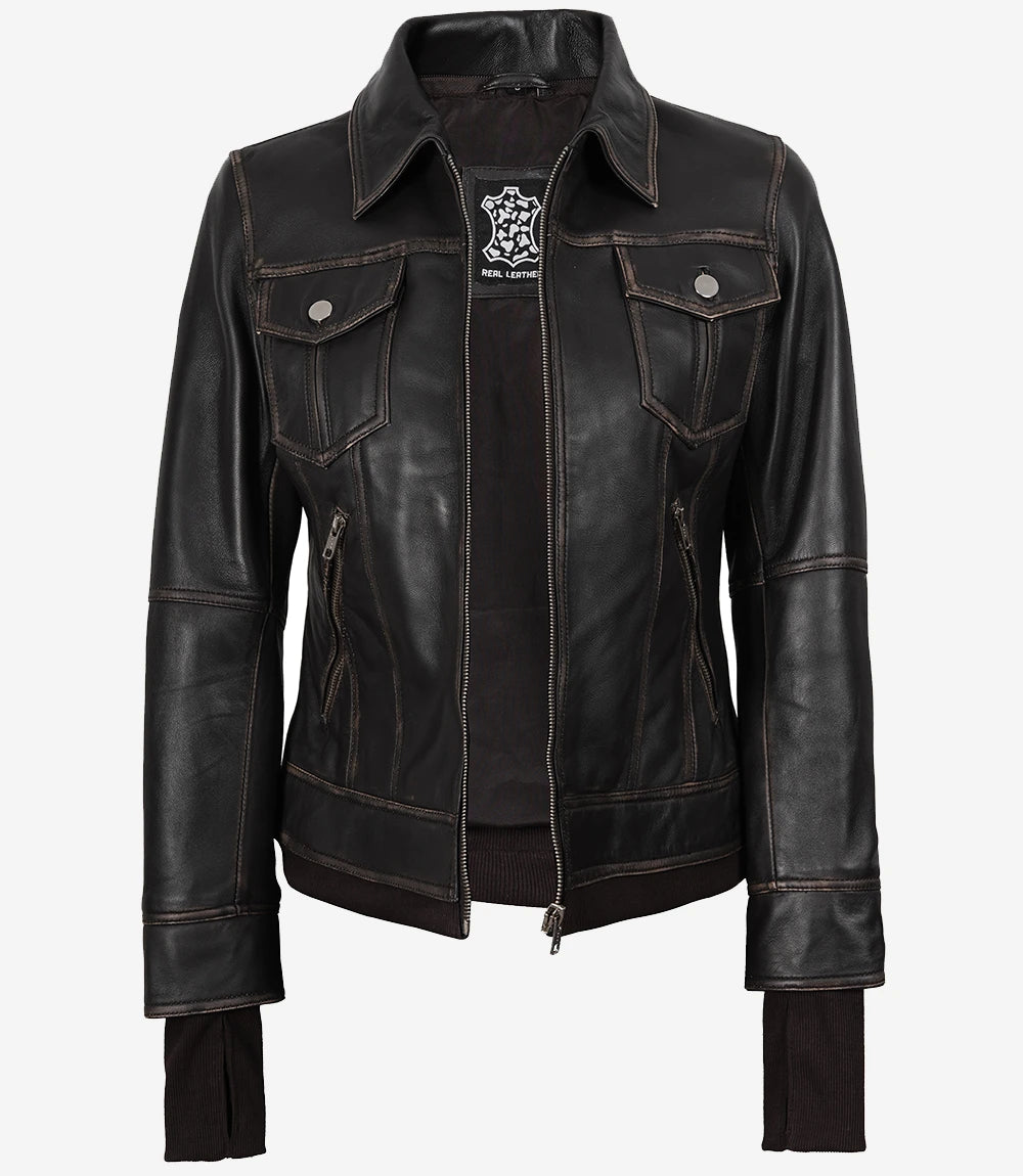 Damen-Bomberlederjacke im Used-Look in Braun mit abnehmbarer Kapuze