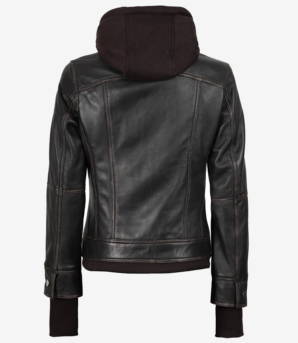 Damen-Bomberlederjacke im Used-Look in Braun mit abnehmbarer Kapuze
