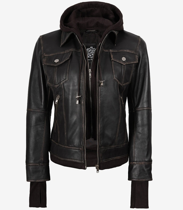 Damen-Bomberlederjacke im Used-Look in Braun mit abnehmbarer Kapuze