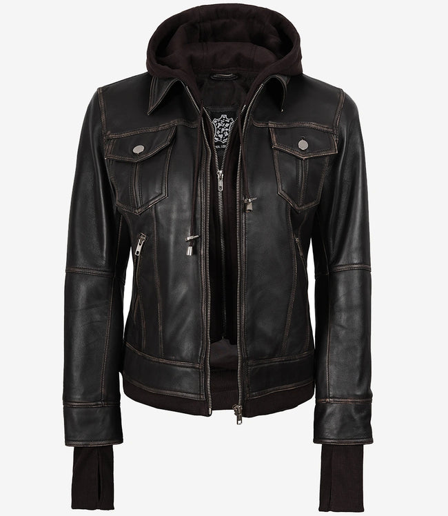 Damen-Bomberlederjacke im Used-Look in Braun mit abnehmbarer Kapuze