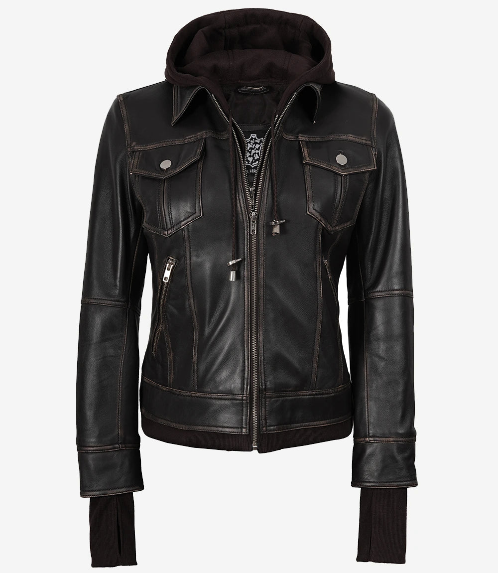 Damen-Bomberlederjacke im Used-Look in Braun mit abnehmbarer Kapuze