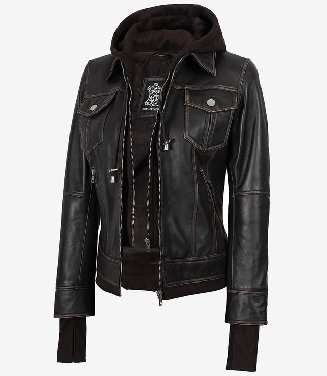Damen-Bomberlederjacke im Used-Look in Braun mit abnehmbarer Kapuze
