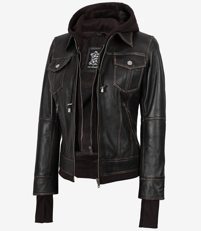 Damen-Bomberlederjacke im Used-Look in Braun mit abnehmbarer Kapuze