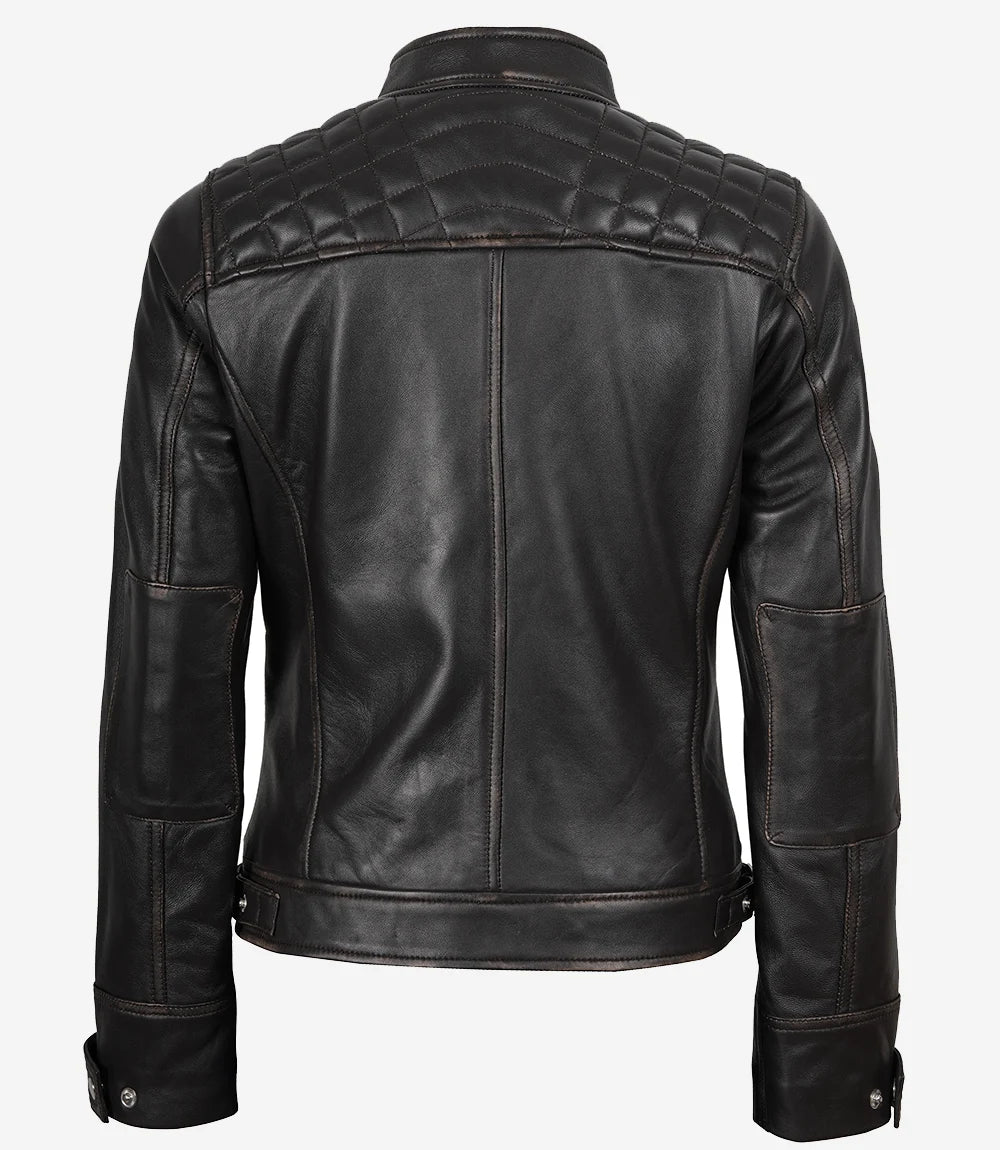 Gesteppte, abgenutzte Damenjacke aus echtem Lammleder in Braun im Biker-Stil