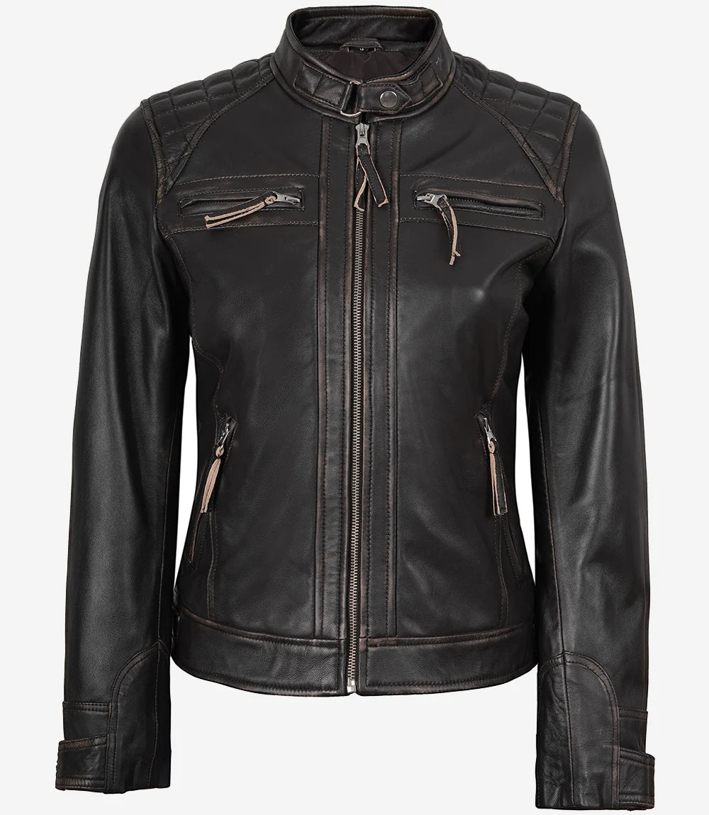 Gesteppte, abgenutzte Damenjacke aus echtem Lammleder in Braun im Biker-Stil